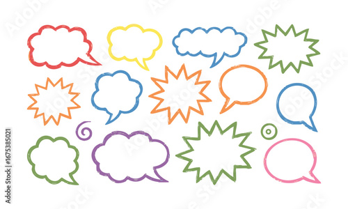 Colorful Crayon Drawn Speech Balloons Vector Illustration Set Hand Drawn Doodle Style Thought Bubbles and Comic Elements, easily editable and scalable.