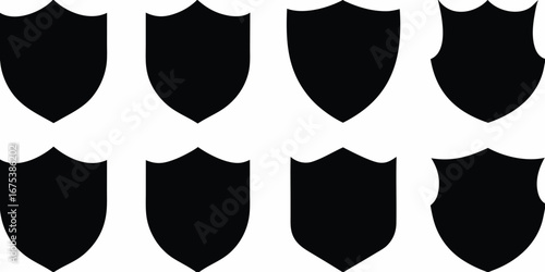 Collection of eight black shield silhouettes on a white background representing security and protection