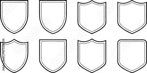 Collection of eight different shield shapes and styles with black outlines on a white background