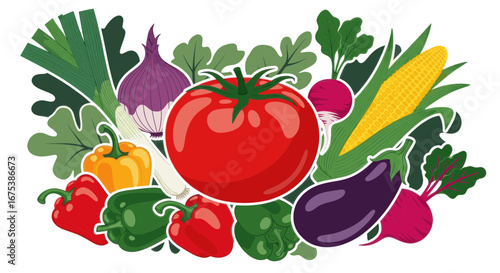 Colorful illustration of various fresh vegetables including tomatoes, peppers, corn, and eggplant.
