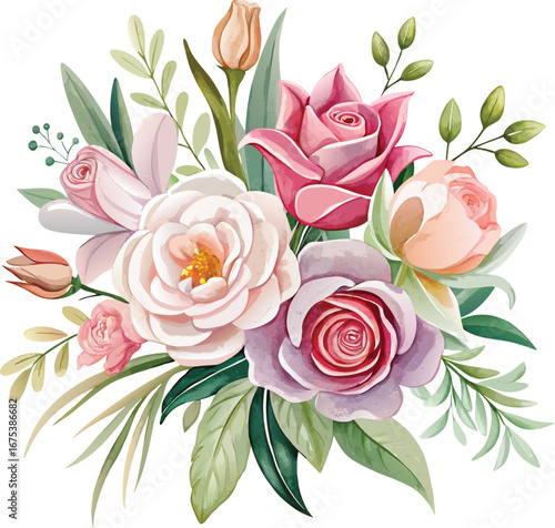 Watercolor Wedding Bouquet with Roses, Lilies, and Peonies Isolated 