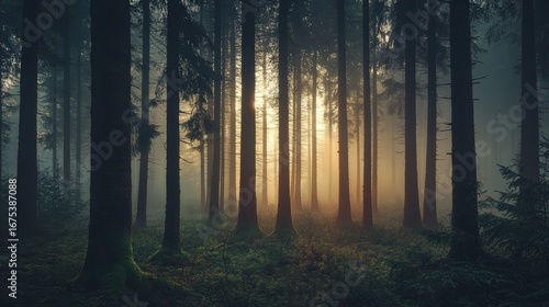 Golden light through misty forest trees