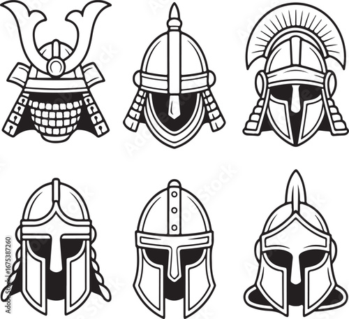 Collection of historical warrior helmets including samurai and roman styles silhouette isolated on white background