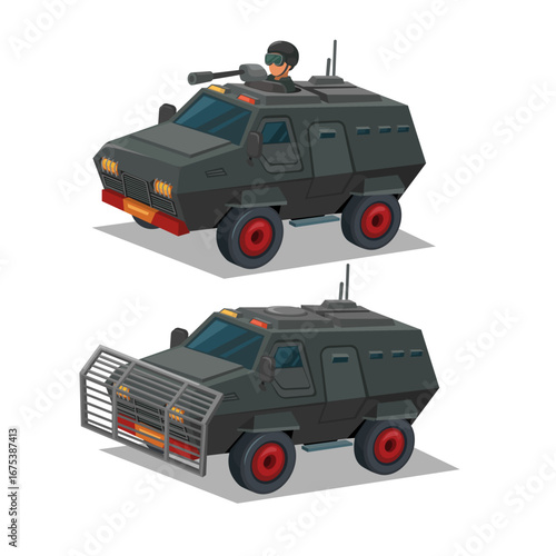 Police Armored Vehicle to Protect Against Demonstrators and Riots Set Cartoon Illustration Vector