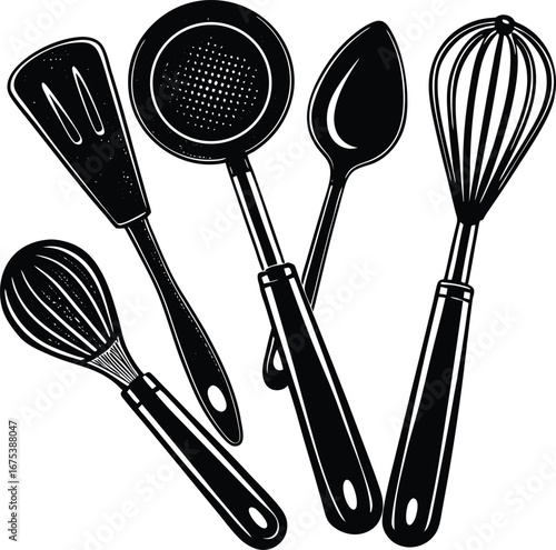  Kitchen Utensils with Spoon, Fork, Knife, and Whisk Isolated