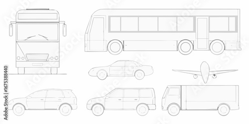 Collection of vehicle line drawings including bus car suv airplane and truck