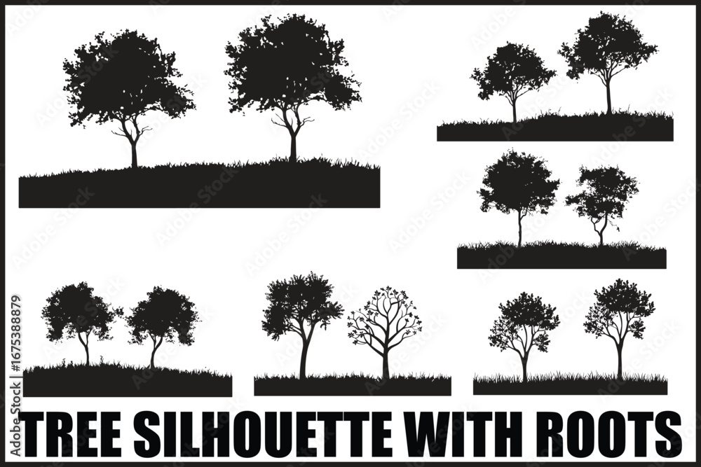 Fototapeta premium Tree Silhouette with Roots Vector Set
