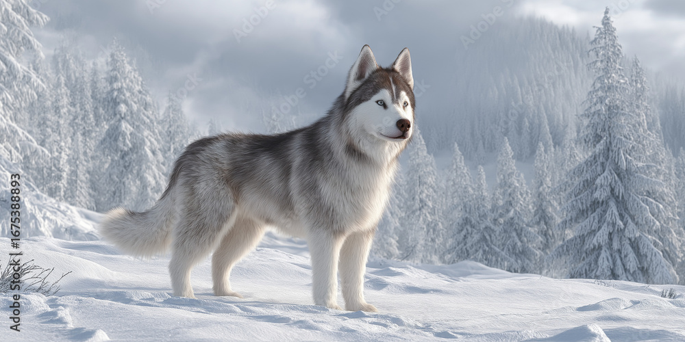 Fototapeta premium Full body 3D Siberian Husky, standing on snow, realistic fur, winter landscape