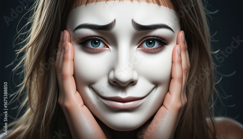 Sad Woman with Painted Smiling Face – Emotional Concealment Concept