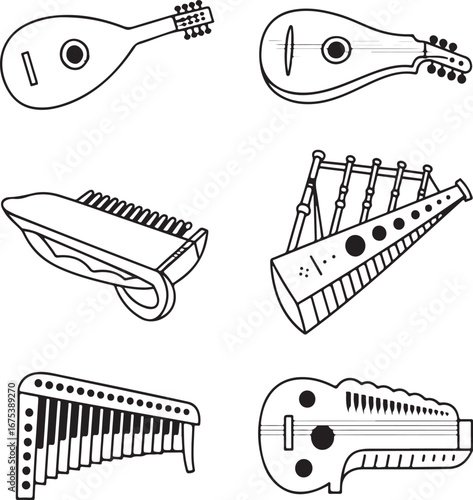 Collection of antique musical instruments in a hand drawn sketch style silhouette isolated on white background