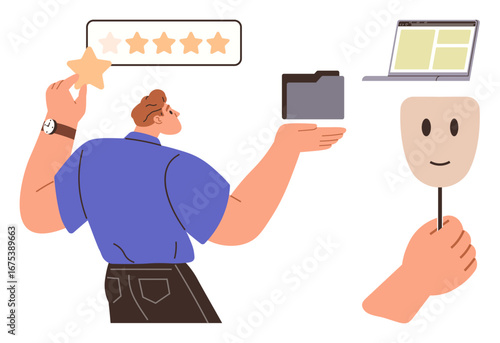 Man holding a star to rate, a folder representing organization, laptop symbolizing online work, and a mask highlighting identity. Ideal for teamwork, feedback, productivity, balance, tech branding