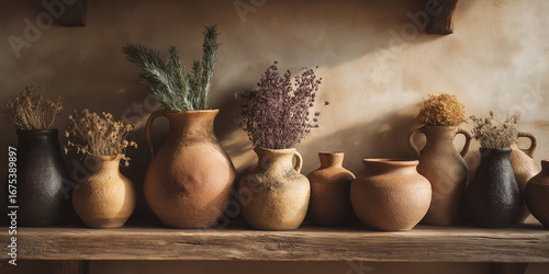 Provence-style clay jugs and pots on rustic wooden shelf, dried herbs
