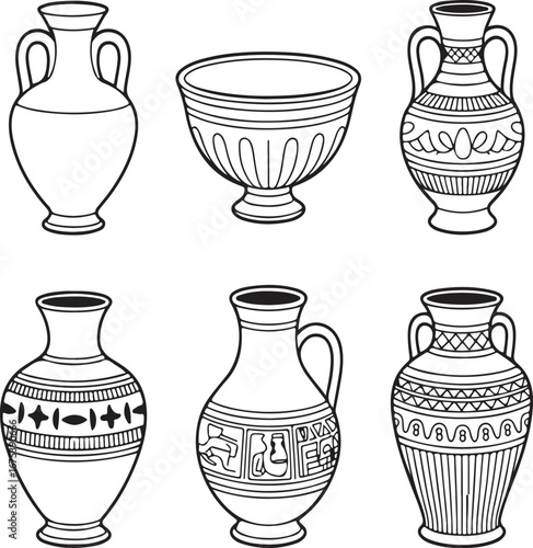 Collection of ancient greek amphorae and a bowl displayed as a silhouette isolated on white background