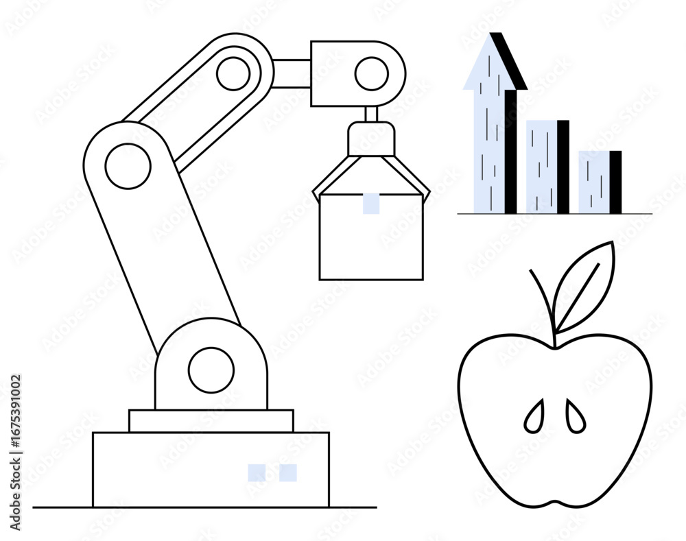 Obraz premium Robotic arm handling operations, graph indicating growth, and apple representing agriculture. Ideal for technology, automation, food industry, innovation, agriculture, data analytics simple landing