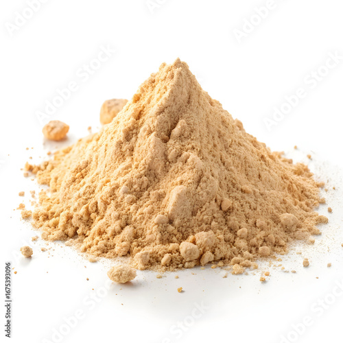 Maca root powder isolated on white background, showing its fine texture, light beige color,