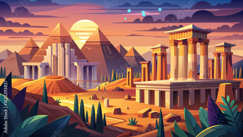 Ancient Thebes with its Necropolis, Egypt
Massive temples rise against the horizon, their carved pillars and hieroglyphs glowing at sunset, revealing the eternal grandeur of Thebes and its surrounding