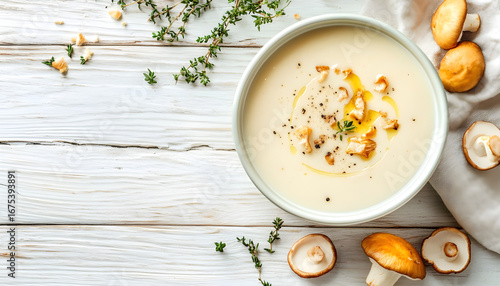 Wallpaper Mural Tasty cream soup, thyme and dry chanterelle mushrooms on light wooden table, flat lay Torontodigital.ca
