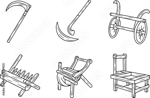 Collection of antique farming tools and implements in a simple line drawing silhouette isolated on white background