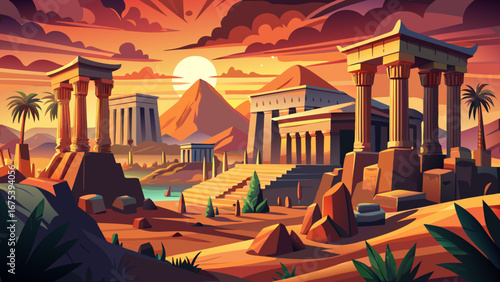 Ancient Thebes with its Necropolis, Egypt
Massive temples rise against the horizon, their carved pillars and hieroglyphs glowing at sunset, revealing the eternal grandeur of Thebes and its surrounding