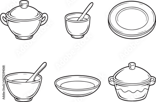 Collection of hand drawn kitchenware and tableware items in a silhouette style isolated on white background