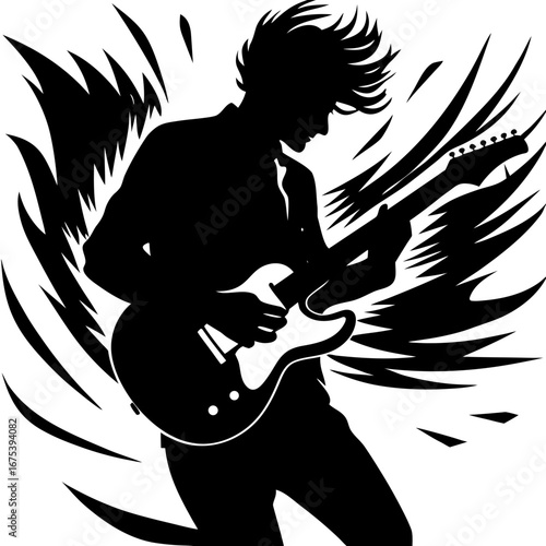 Rock guitarist silhouette mid-performance with flying hair and electric guitar, raw sound energy in bold black white art