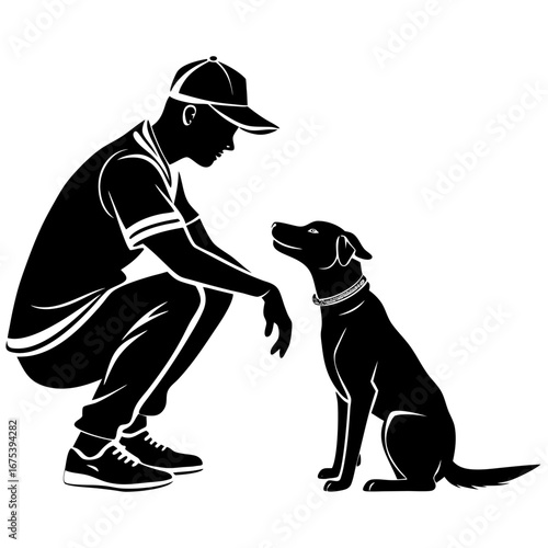 Man with Dog Silhouette – Heartwarming Bond, Training, and Companionship Illustration