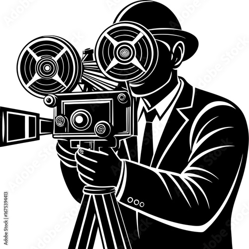 Vintage film director with fedora and movie camera silhouette, classic cinema creativity in stark black and white art