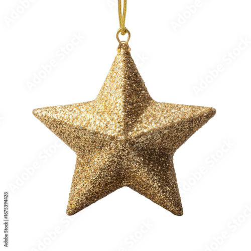 Gold Glitter Star Ornament Hanging on Black Background