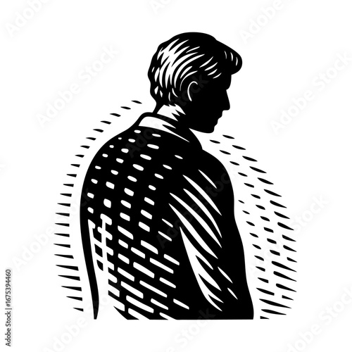 Introspective man in collared shirt with radiating halo silhouette, woodcut inspired graphic art in bold black and white