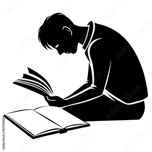 Young man silhouette reading book on floor, quiet intellectual contemplation in minimalist black and white art