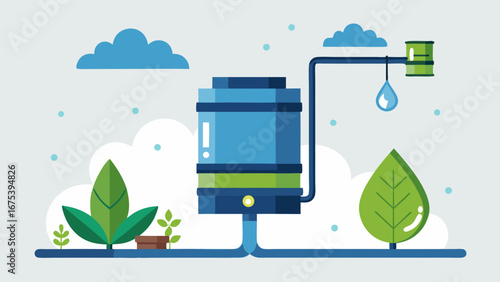 A green water tank with a green leaf on top of it. The tank is filled with water and has a green cap