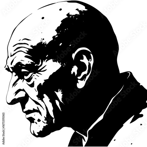 Rugged Black and White Portrait of Bald Man with Deep Shadows Stoic Expression and Bold Graphic Style