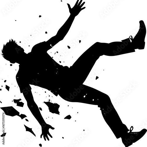 Falling Figure Silhouette with Chaotic Shards and Disintegration Effect Dramatic Black White Illustration