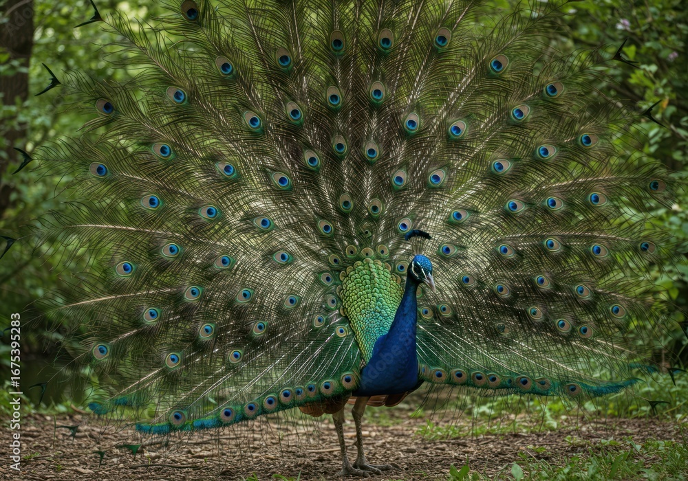 Obraz premium Majestic Peacock Displaying its Vibrant Plumage in a Lush Forest Setting