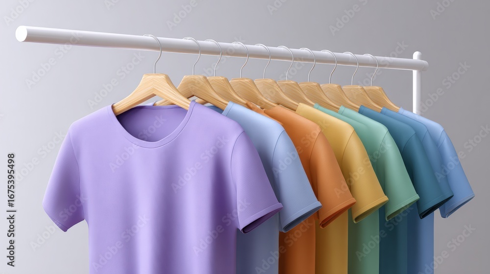 Obraz premium Cyber monday shopping, A colorful display of neatly arranged t-shirts hanging on a white rack, showcasing various pastel shades and a modern aesthetic.