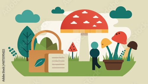A man is standing in front of a mirror with mushrooms and a book behind him. The mushrooms are orange and green, and the book is on the right side of the image. The man is wearing a hat