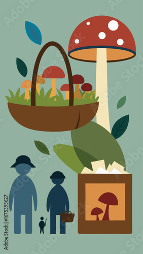 A man is standing in front of a mirror with mushrooms and a book behind him. The mushrooms are orange and green, and the book is on the right side of the image. The man is wearing a hat