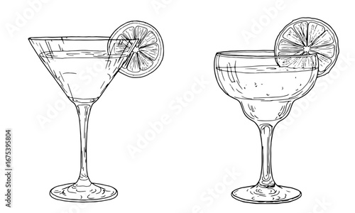 Martini glass on a thin stem, with a slice of lime, black and white ink sketch. Vector illustration. Classic cocktail glass for martini, tropical flower and monstera leaf, isolated on white background