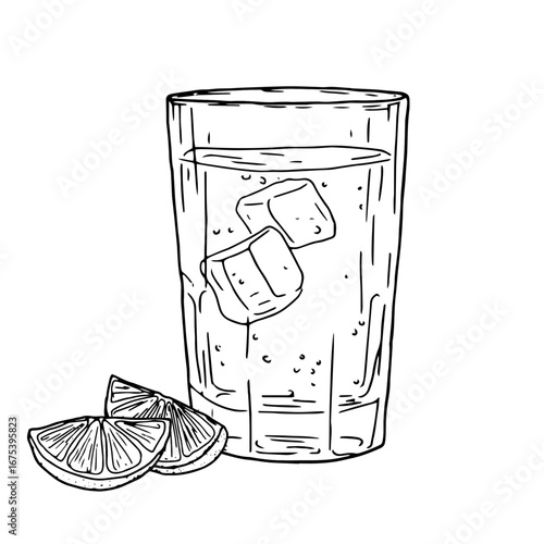 Glass of vodka or rum with ice cubes and lemon wedges, black and white sketch. Vector illustration. Classic alcoholic drink isolated on white background. Glass of whiskey, for postcards and printing.