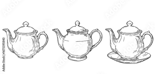 Porcelain teapots, set of silhouettes, black and white sketch. Vector illustration. Porcelain tableware for tea and breakfast, isolated on white background. For menus, cookbooks, recipes, coffee shops