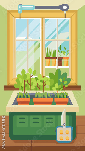 A window sill with a plant in a blue container. There are scissors and a pair of pliers on the table