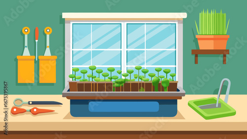 A window sill with a plant in a blue container. There are scissors and a pair of pliers on the table