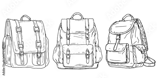 A valise with leather straps and clasps, a black and white sketch. Vector illustration. A set of silhouettes is isolated on a white background. Hand luggage, bags and briefcases