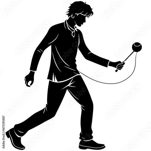 Silhouette of Person Playing with Ball on String in Motion Dynamic Black White Energetic Graphic Illustration