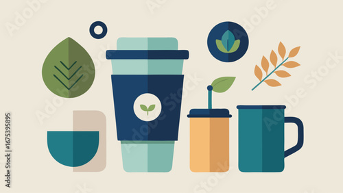 A coffee mug with a green logo and a leaf on it sits next to a coffee pot and a cup