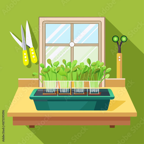 A window sill with a plant in a blue container. There are scissors and a pair of pliers on the table