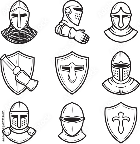 Collection of medieval knight helmets and shields in a hand drawn silhouette style isolated on white background