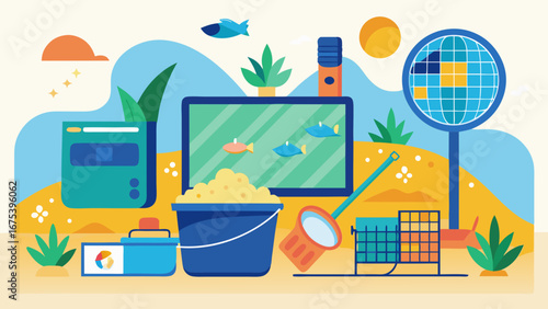 A cartoonish drawing of a garden with a cup, a spoon, a fork, a bowl, a cell phone, a tablet, a laptop, a bottle, a cup, a bowl, a spoon, a fork, a cup, a bowl