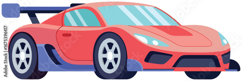 Race car illustration of a modern red sports vehicle with aerodynamic body and large spoiler created in flat cartoon vector style for automotive creative projects