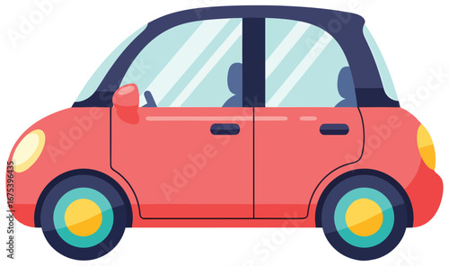 Car vector illustration of a red compact vehicle with blue windows and yellow wheels created in flat cartoon style for decorative and creative automotive projects